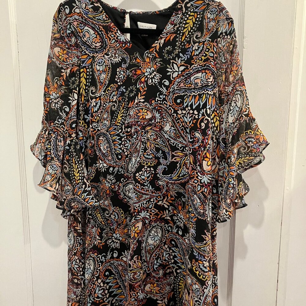 calvin klein womens black dress with many colors and draped sleeves size 2